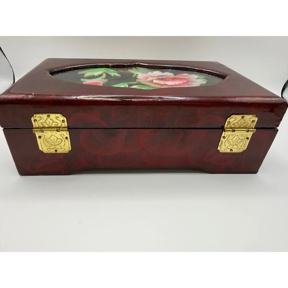 Vintage Chinese Lacquer Jewelry Box Floral Soapstone Inlay Burgundy Brass Latch